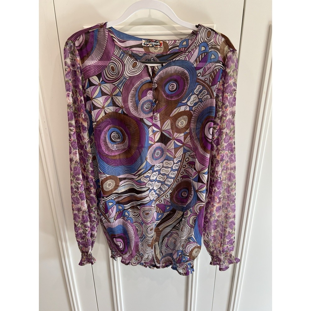 Desigual Sheer Tunic Blouse Size Small Psychedelic Print Artsy Eclectic Silk?